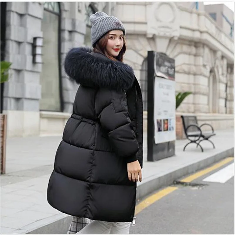 Kış Yeni Kore Tarzı Kolej Kalınlaşma Ceketler Parkas kadın Orta Uzunlukta Yastıklı Mont Büyük Kürk Yaka Kadın Palto