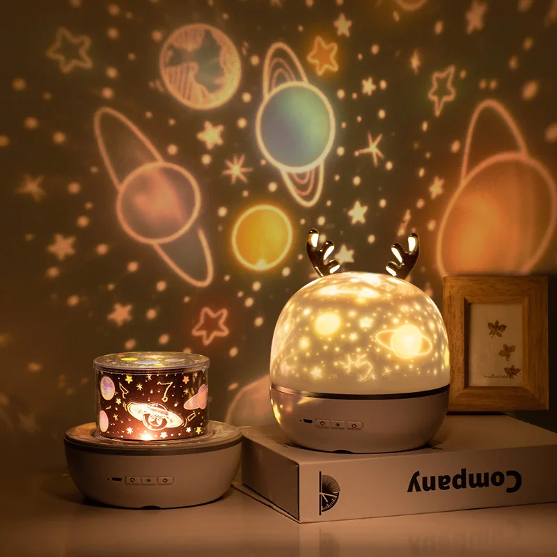 Yıldız 360 ° Dönen Projektör Lambası Tavşan / Geyik Gece ışıkları Müzik Kutusu ile bluetooth hoparlör Bebek Çocuklar için Yatak Odası Uzaktan Kumanda