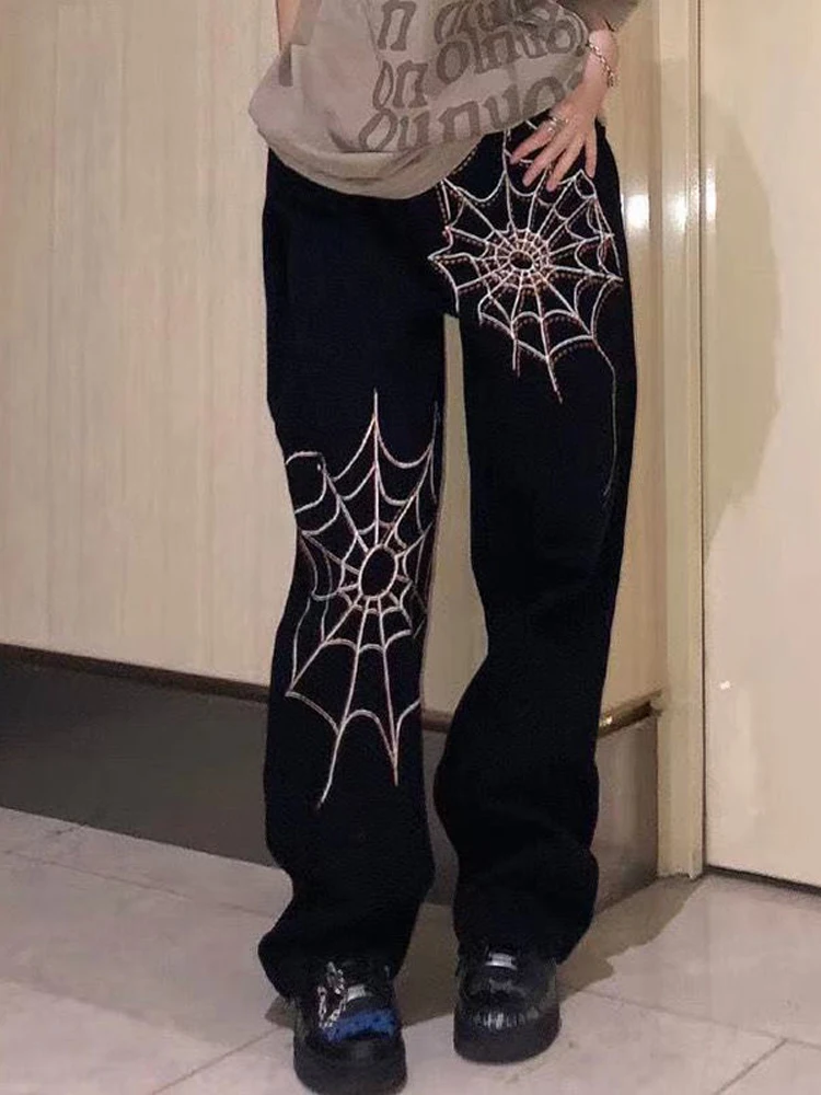 QWEEK Gotik Grunge Örümcek Çar Baskı Boy Siyah Şalvar Kot Kadın Hippi Yüksek Sokak Geniş Bacak Kot Pantolon Emo Pantolon