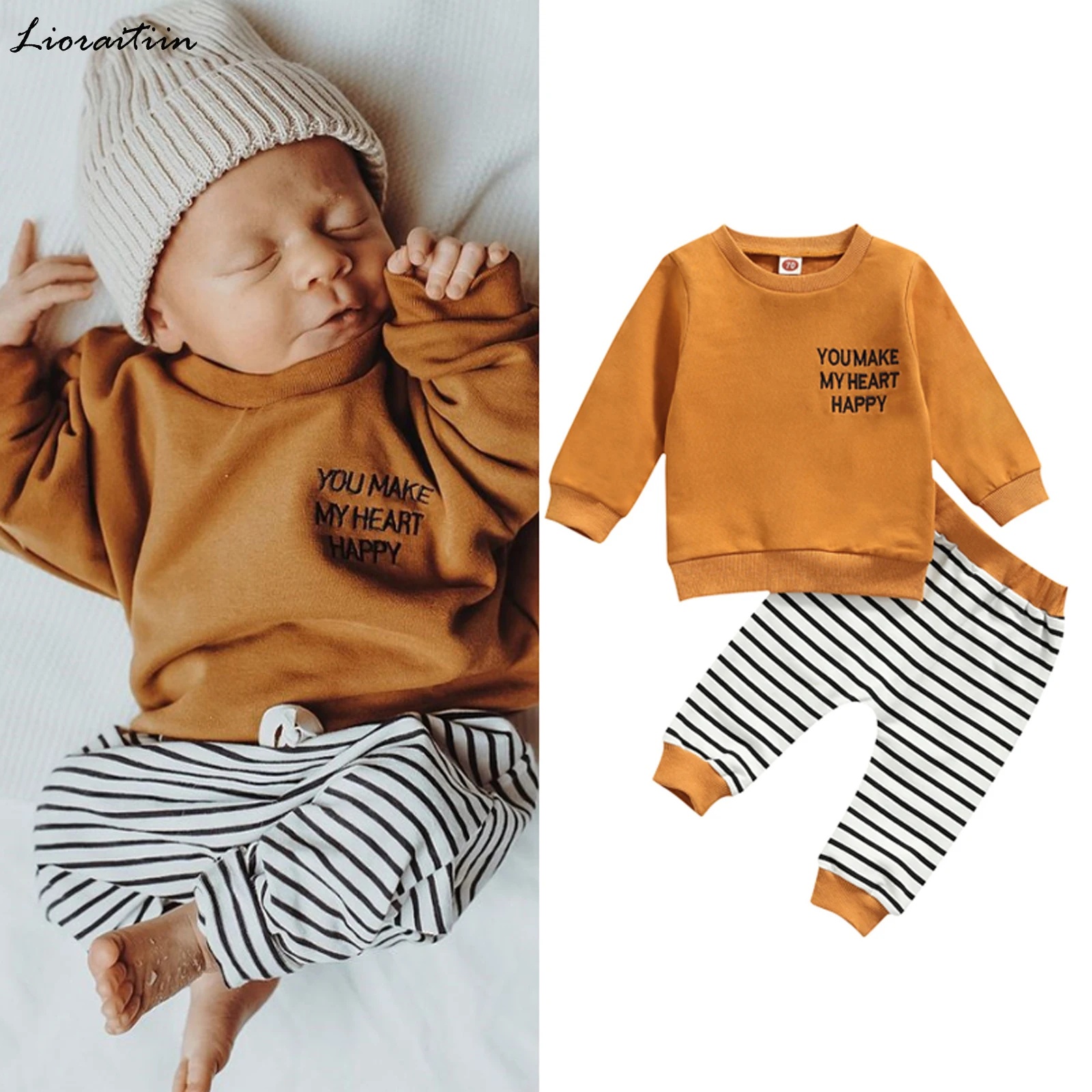 Lioraitiin 0-24M Yenidoğan Bebek Erkek Bebek Kız Rahat Kazak Pantolon Seti Moda Mektup Uzun Kollu Üstleri Şerit Uzun pantolon