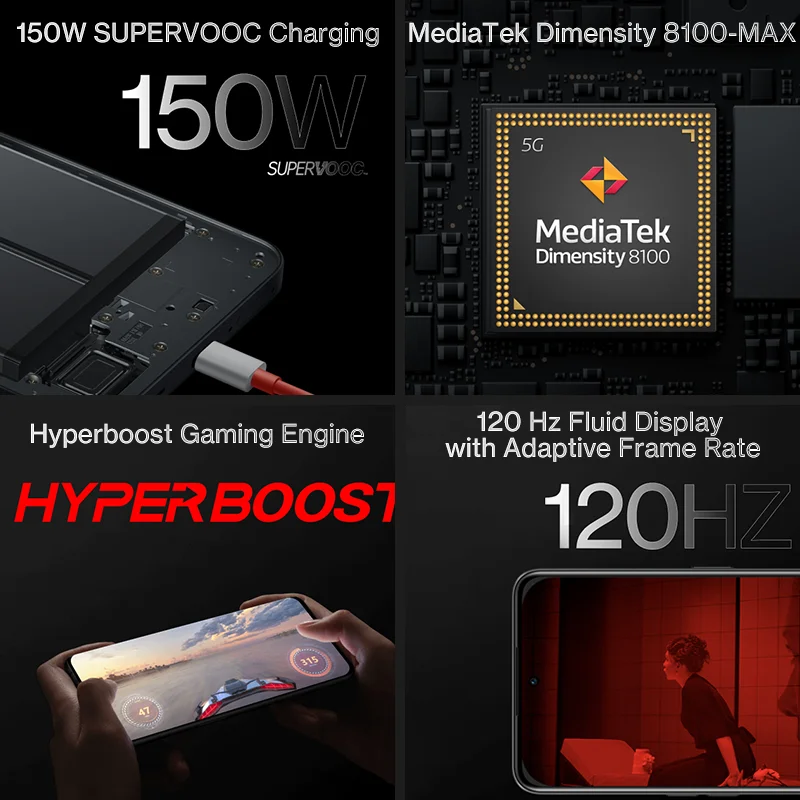 Küresel Rom OnePlus Ace 5G MTK Dimensity 8100 MAX 8GB 128GB Akıllı Telefonlar 150W Hızlı Şarj 120Hz AMOLED 10R Android Cep Telefonu