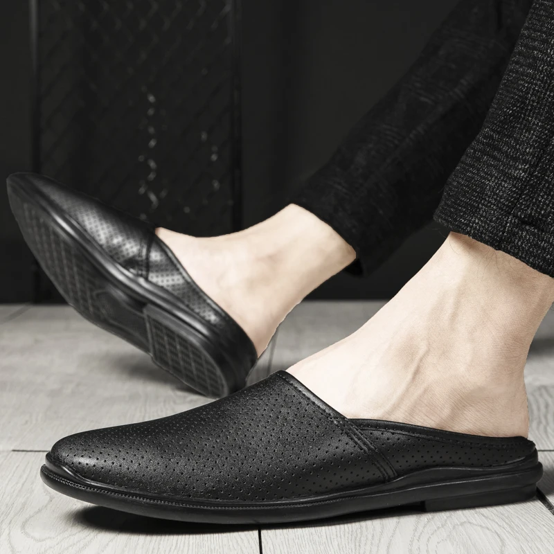 Lüks Tasarım yarım çizmeler Erkekler için Eğlence Nefes Hakiki Deri Erkek Ayakkabı yazlık terlik erkek mokasen ayakkabıları Slip-on Flip Flop