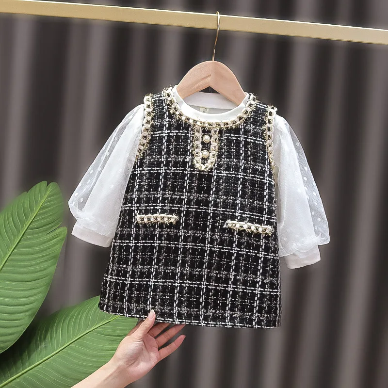 2 Adet / takım Tatlı Moda Bahar Kız Çocuklar Prenses Genel Elbise + Uzun Kollu Bluz Tops Çocuk Bebek Bebek Giysileri Set