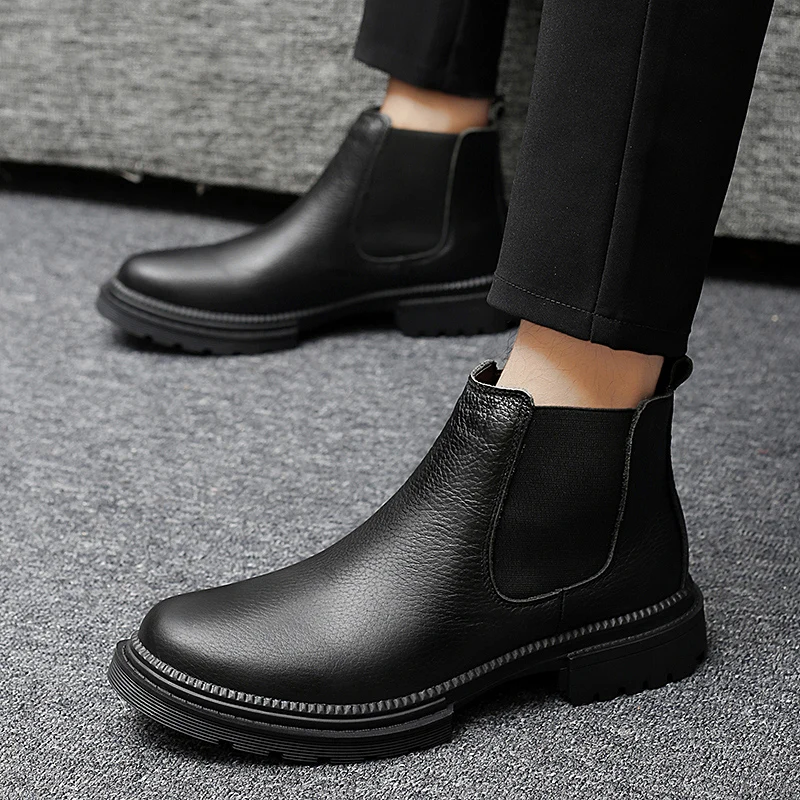 Yeni Erkek Botları Chelsea moda ayakkabılar Kış Siyah Hakiki Deri platform ayakkabılar Erkek Ayakkabı Sıcak Peluş Kış Motokros Botları
