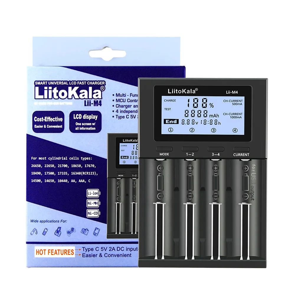 LiitoKala Lii-M4 5V Tip C 3.7 V/1.2 V AA / AAA 18650/26650/16340/14500/10440/18500 Saptanabilir kapasiteli pil şarj cihazı ile ekran T