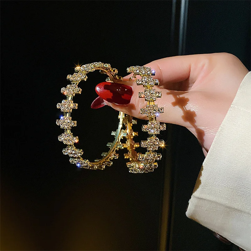 FYUAN Moda Altın Yuvarlak Hoop Küpe Geometrik Rhinestones Kristal Küpe Kadınlar için Bildirimi Takı