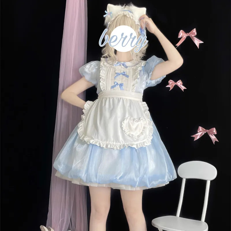 Yaz Puf Kollu Lolita Japon İki Parçalı Set Kadın Mavi Nazik Sevimli Bebek Yaka Elbise + Beyaz Önlük Kawaii Bayan Minyon Elbise