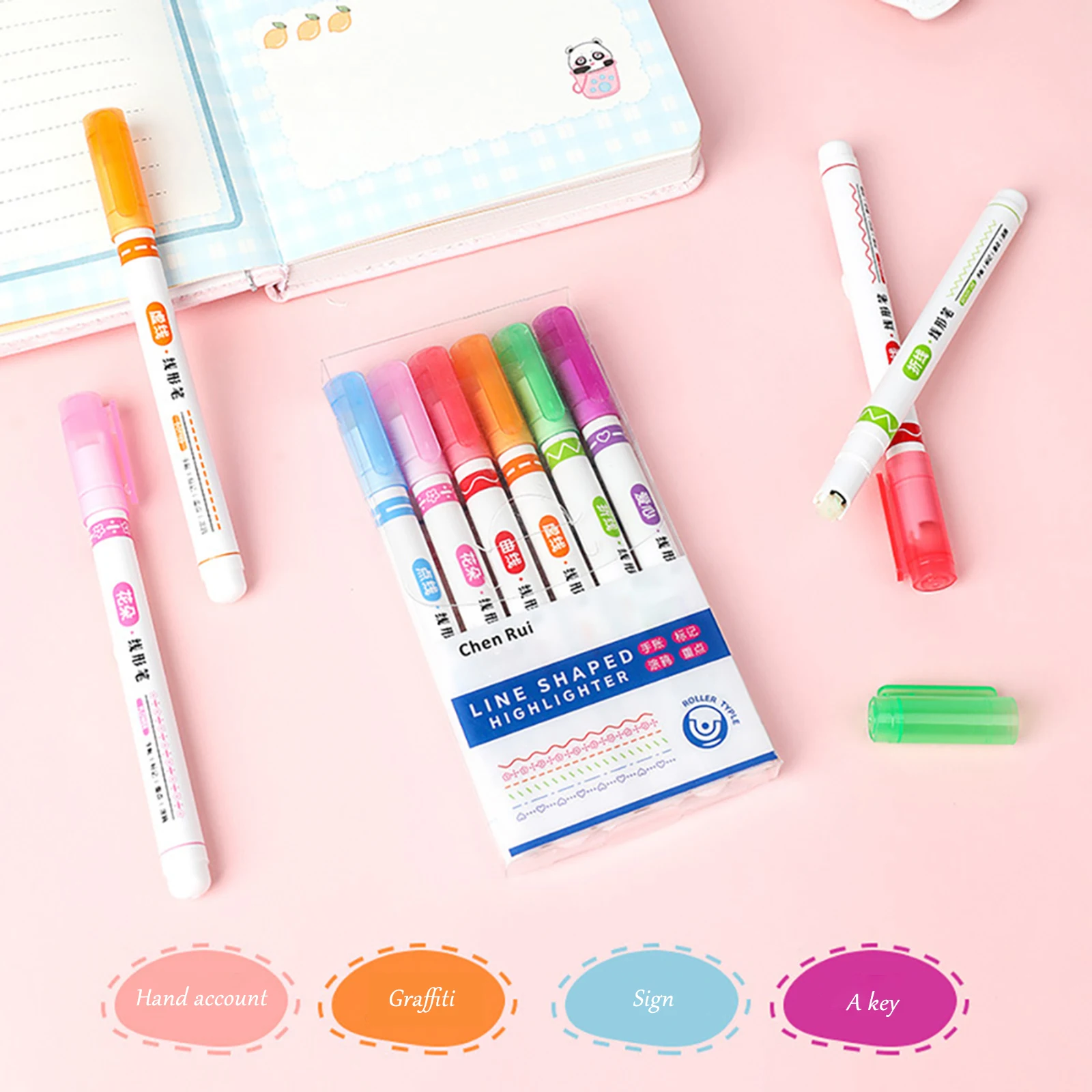 6 Renkler Komik Çift Hat Desen Anahat işaretleyici kalem Çok Renkli Rulo Ucu Eğri Kalem Kuru Boyama Kawaii Fosforlu Kalemler