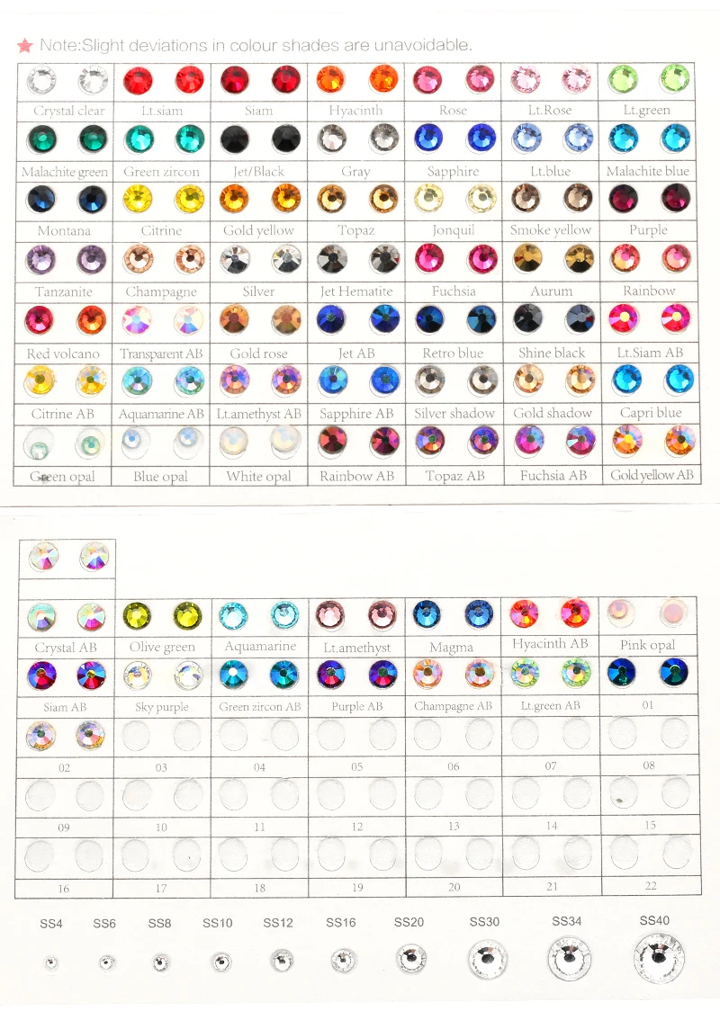 QIAO Kristal Rhinestone kartela Renkleri Karşılaştırmak İçin 63 Renkler Sıcak düzeltme / Olmayan Düzeltme Rhinestones Renk Kartı