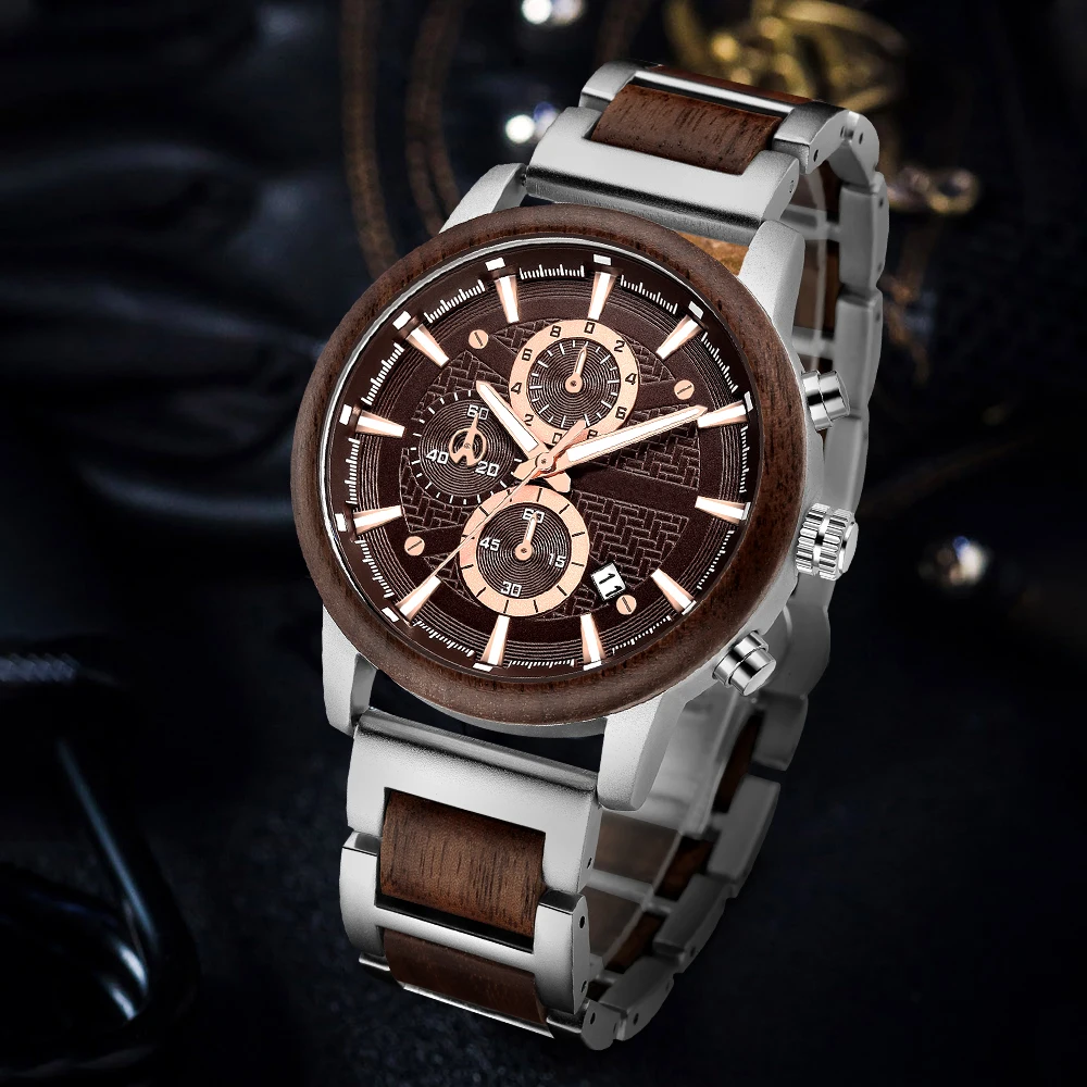 Relogio Masculino Altın lüks erkek saatleri Metal Ahşap Chronograph Kol Saati Kuvars Timepiece Özel Çelik Arama noel hediyesi