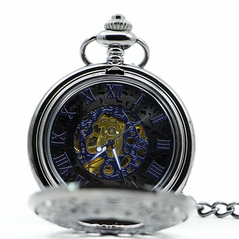 Antika Mekanik cep saati İçi Boş Siyah Kadran El Sarma Erkekler Kolye Koleksiyonu Fob Zinciri İzle İskelet Steampunk Saat