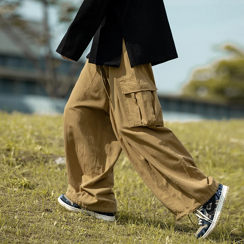 Erkek kargo Pantolon Elastik Bel Pamuk Çok Cepler İş rahat Açık Geniş Bacak Pantolon