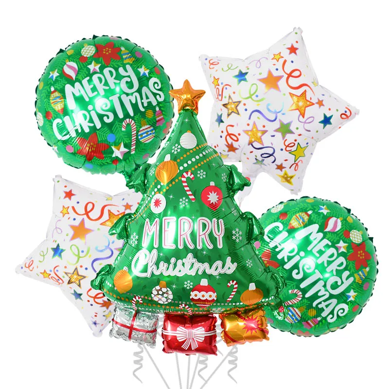 5 adet / takım Noel Ağacı Noel Baba Balonlar Kırmızı Yeşil Yuvarlak Pentagram Folyo Balonlar Ev için Noel 2021 Dekorasyon Yeni Yıl 2022
