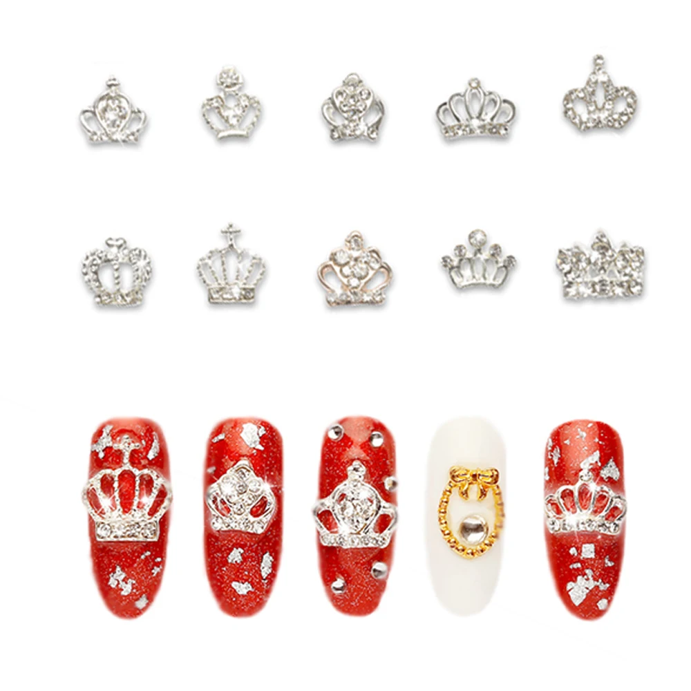 10 Paket Kral Taç Tırnak Sticker Kraliçe Tasarım Alaşım Gümüş Prenses Kraliyet Takılar 3D Malzemeleri Glitter Kristal Taçlar Süslemeleri @