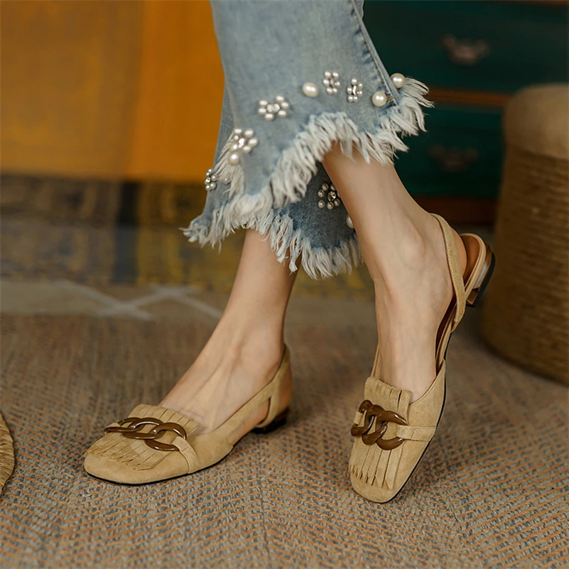 Meotina Kadın Arkası Açık İskarpin Ayakkabı Hakiki Deri düz ayakkabı Kare Ayak Zincir Saçak kadın ayakkabıları Bahar Sonbahar Mavi Çocuk Süet