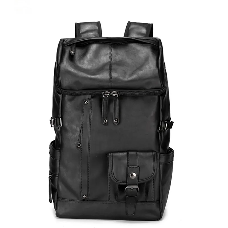 Katı Siyah Erkekler Sırt Çantası Lüks Marka PU Deri okul çantası erkek Bilgisayar Laptop çantası paketi Vintage Büyük kapasiteli Seyahat sırt çantası