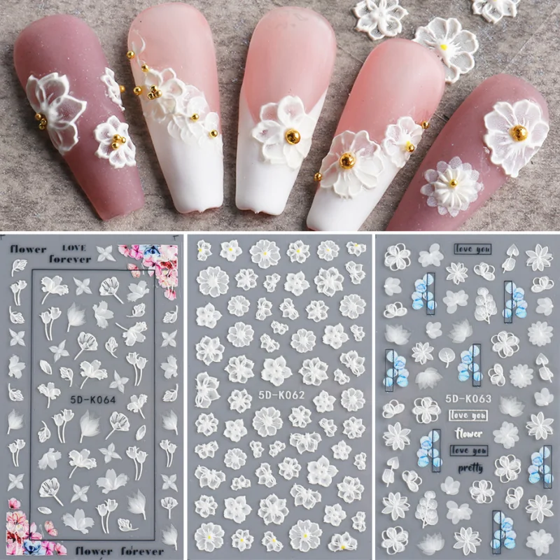 5D Tırnak Sticker Çiçekler Dantel Jel Çıkartmaları Akrilik Kazınmış Kaydırıcılar Kabartmalı Folyo Manikür Nail Art Süslemeleri Tırnak Sanat Aksesuarı