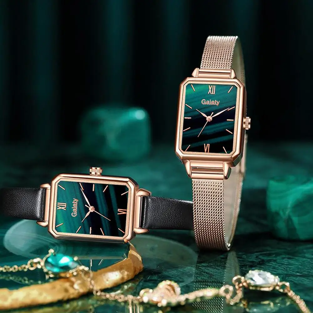 Gaiety Marka Kadın Saatler Moda Kare Bayanlar quartz saat bilezik Seti Yeşil Kadran Basit Gül Altın Örgü Lüks Kadın Saatler
