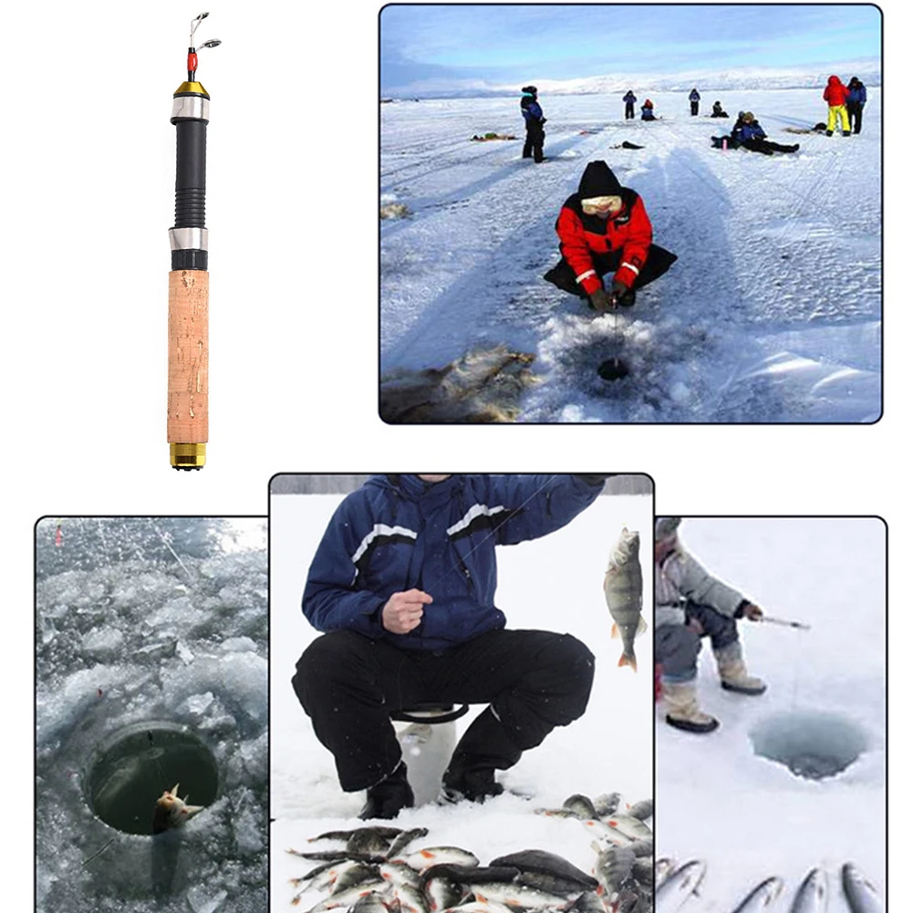60cm Kış Karides Balıkçılık Çubuklar Taşınabilir Buz Çubuğu Metal Balıkçılık Makaraları Teleskopik Olta Kaymaz Ahşap Saplı Döküm Çubuk