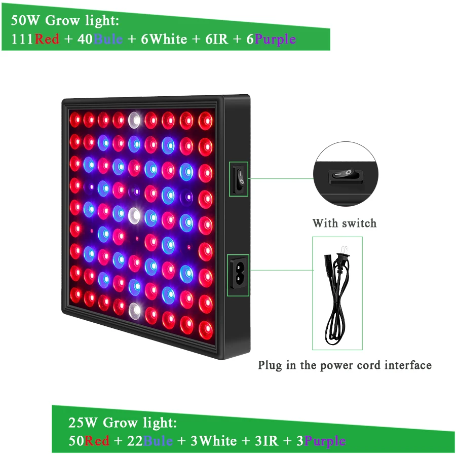 25W 50W LED bitki yetiştirme lambaları 410-730nm Tam Spektrum Paneli Büyümek Lamba AC85-265V için IR ve UV İle Kapalı fide bitkileri Succulents