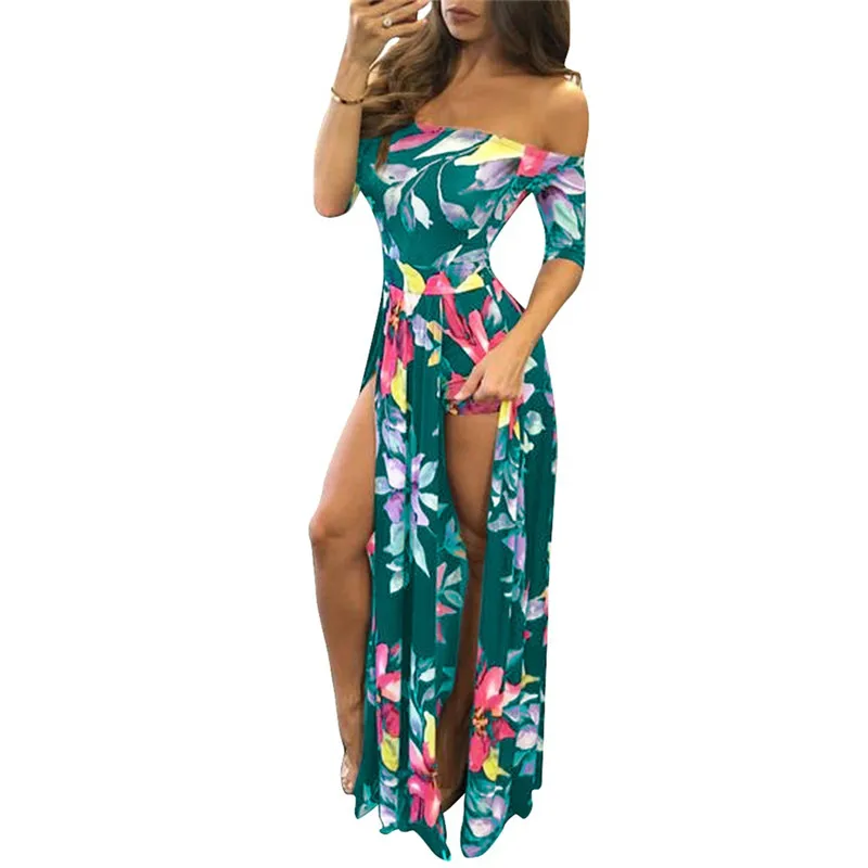 Adogirl S-5XL yaz elbisesi Çiçek Baskı Kapalı Omuz Yarım Kollu Yüksek Yarık Bohemian Plaj Elbiseleri Kadınlar Seksi Playsuits