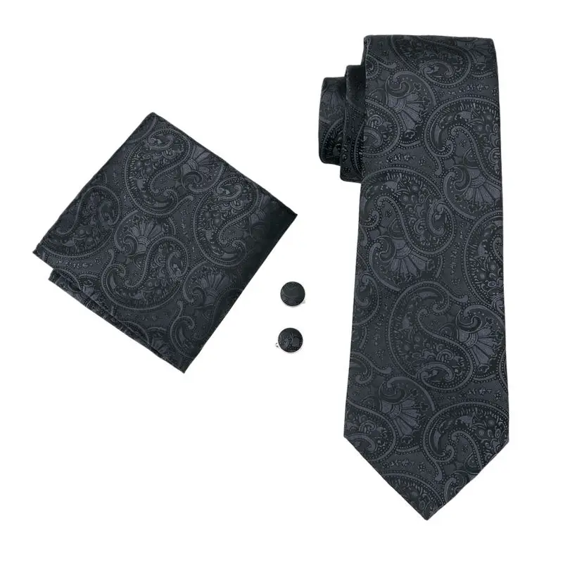 FA-1494 2018 Barry.Wang Tasarımcı Kravatlar Erkekler İçin Gri Paisley Moda Kravatlar Hanky Kol Düğmeleri Düğün Parti İçin Set Ücretsiz Kargo