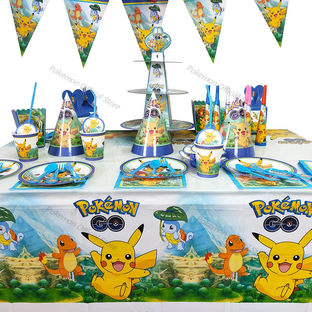 Pokemon Çocuklar Doğum Günü Partisi Malzemeleri Sofra Seti Karikatür Pokachu kağıt bardaklar Kağıt Tabaklar Balon Parti Tek Kullanımlık Süslemeler