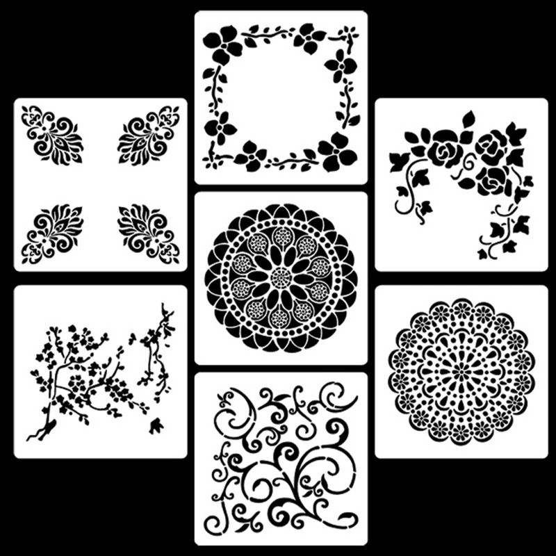 7 Paket Yeniden Kullanılabilir Mandala Boyama Şablon Şablonları DIY Çizim Şablonlar Kiti E8BE