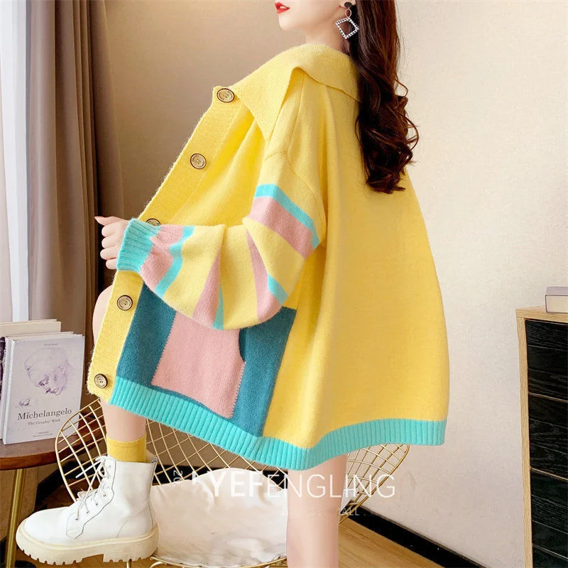Örme Hırka Ceket kadın Sonbahar Kış Yeni Moda Eğlence Gevşek Renk Eşleştirme Bayan Düğme Cep Kore Harajuku Retro