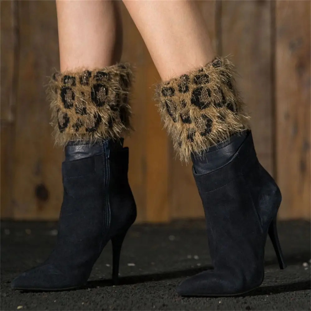Elastik ayak bileği sıcak örme çorap kış sıcak çizme çorap leopar kürk Trim bacak ısıtıcıları