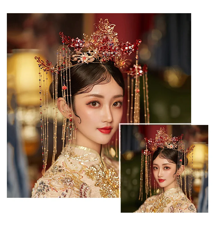 HIMSTORY Yeni Çin Gelin Şapkalar Küpe Taç Uzun Püskül Saç Taç Phoenix Düğün saç aksesuarları Saç Takı