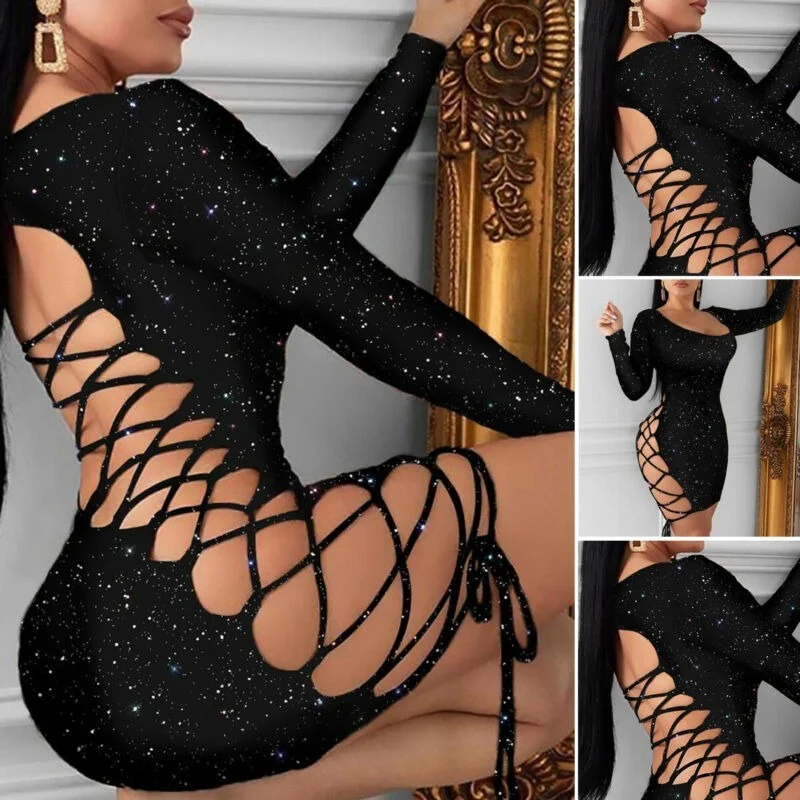 Moda Seksi Backless Kalem Elbise Yeni Femme Hollow Out Uzun Kollu Bandaj Bodycon Gece Parti Kulübü Mini Elbise Kadınlar için 2021