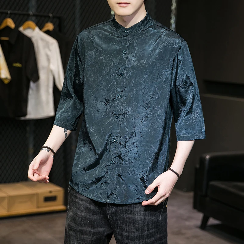 Büyük Boy Mavi Shanghai Çin İpek Gömlek Erkek Giysileri İçin Oryantal Tarzı Beyaz Saten Orient Bluz Yaz Pürüzsüz Hanfu