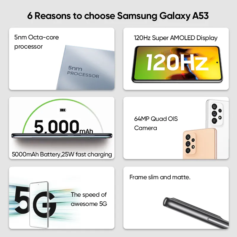 Orijinal Samsung Galaxy A53 5G Smartphone Android Exynos 1280 Sekiz çekirdekli 120Hz Süper AMOLED 5000mAh 25W Hızlı Şarj Cep Telefonu