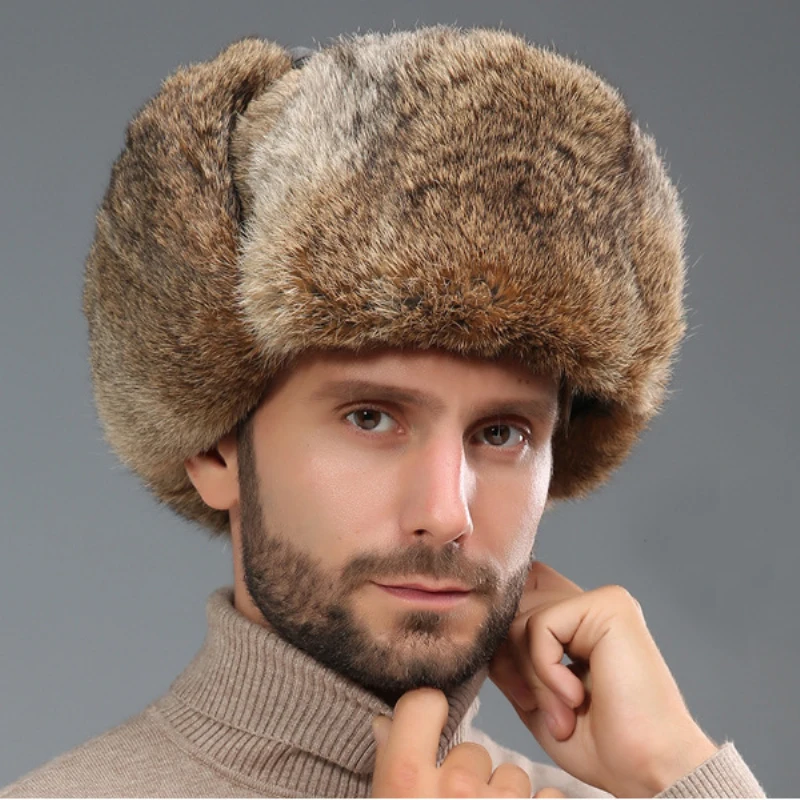 Kalın Sıcak Bombacı Şapka Erkekler için Tavşan Kürk Kış Kulaklığı Trapper Rus Kürk Şapka Erkek Kış Şapka Kadınlar için Rüzgar Geçirmez Ushanka Kayak Kap