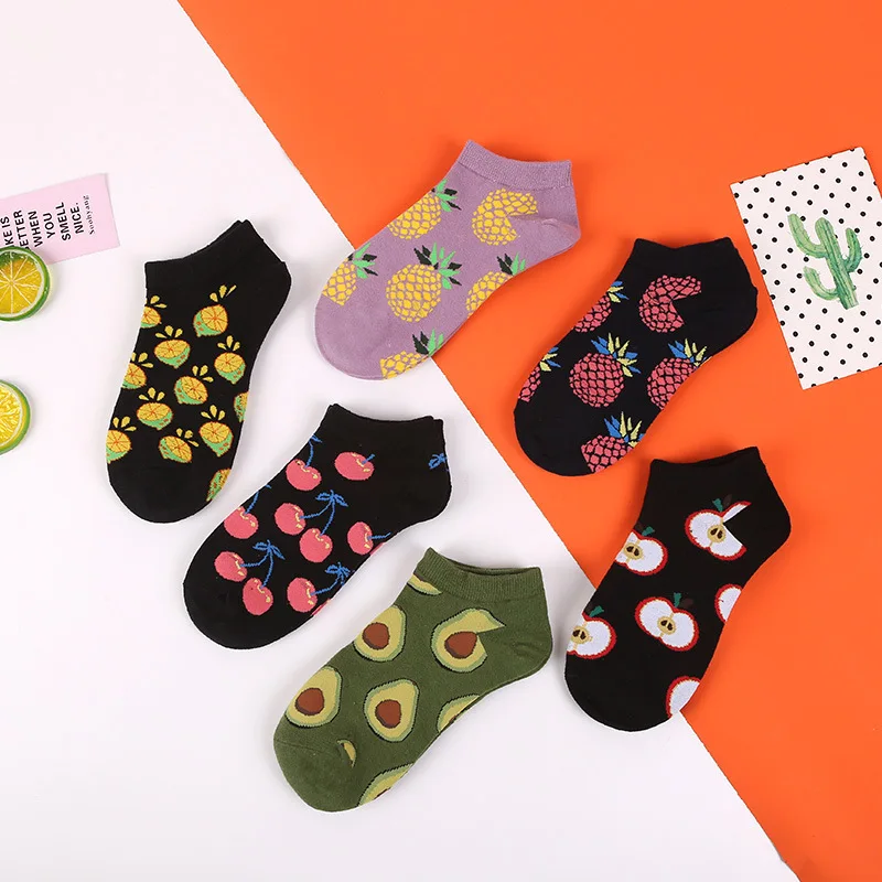 PEONFLY Çorap Kadınlar İçin İlkbahar Yaz Pamuk Kısa Çorap Renkli Avokado Kiraz Meyve Baskı Harajuku Sevimli Komik Tekne Çorap