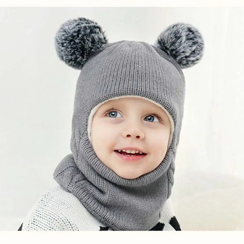 Çocuk Katı ponponlu bere Erkek Bebek Kız Kapşonlu Eşarp Kapaklar Şapka Kış sıcak Örgü Flap Kap Eşarp Yenidoğan Kış Rüzgar Geçirmez Sıcak Şapka