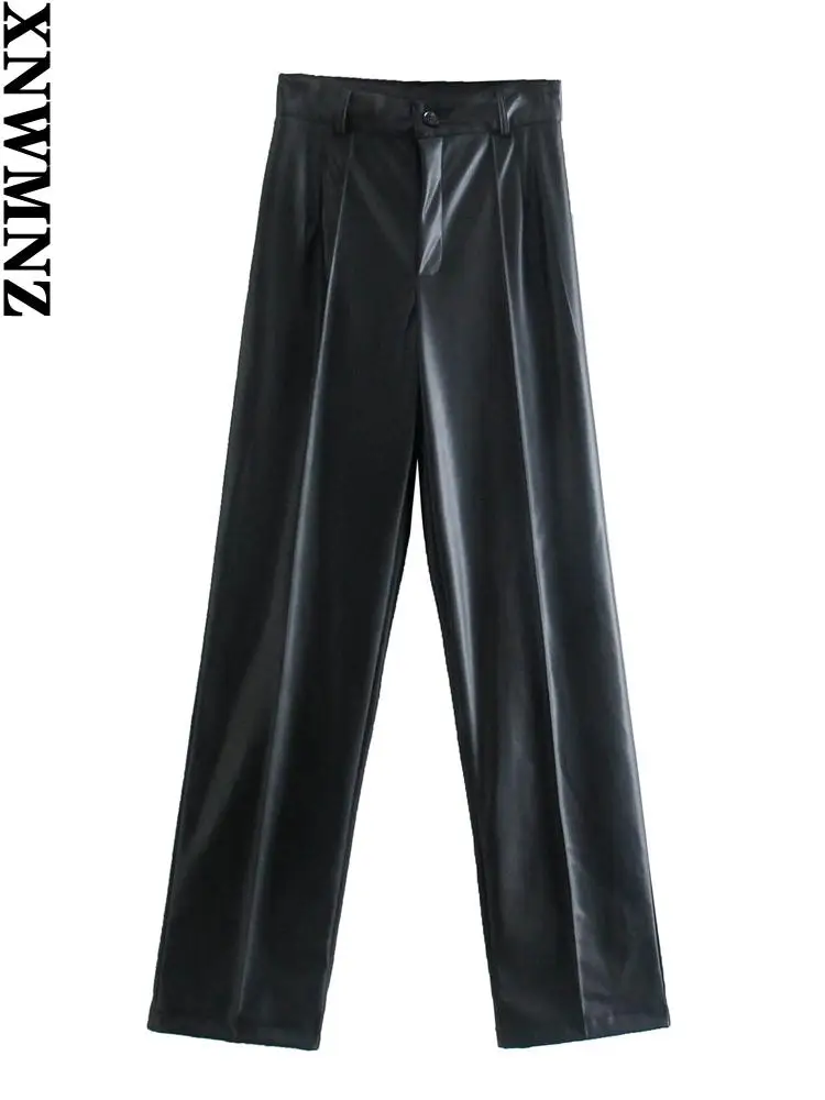 XNWMNZ Kadın suni deri pantolon Moda Retro Şık Siyah Yüksek bel düz bacak pantolon kadın Fermuar Pantolon Streetwear