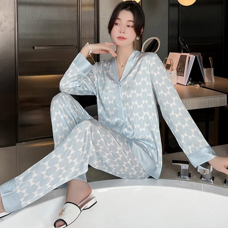 Lisacmvpnel Bahar Yeni Uzun Kollu Hırka Takım Tatlı Mahkemesi Rüzgar Pijama Set Buz Ipek Baskılı Moda