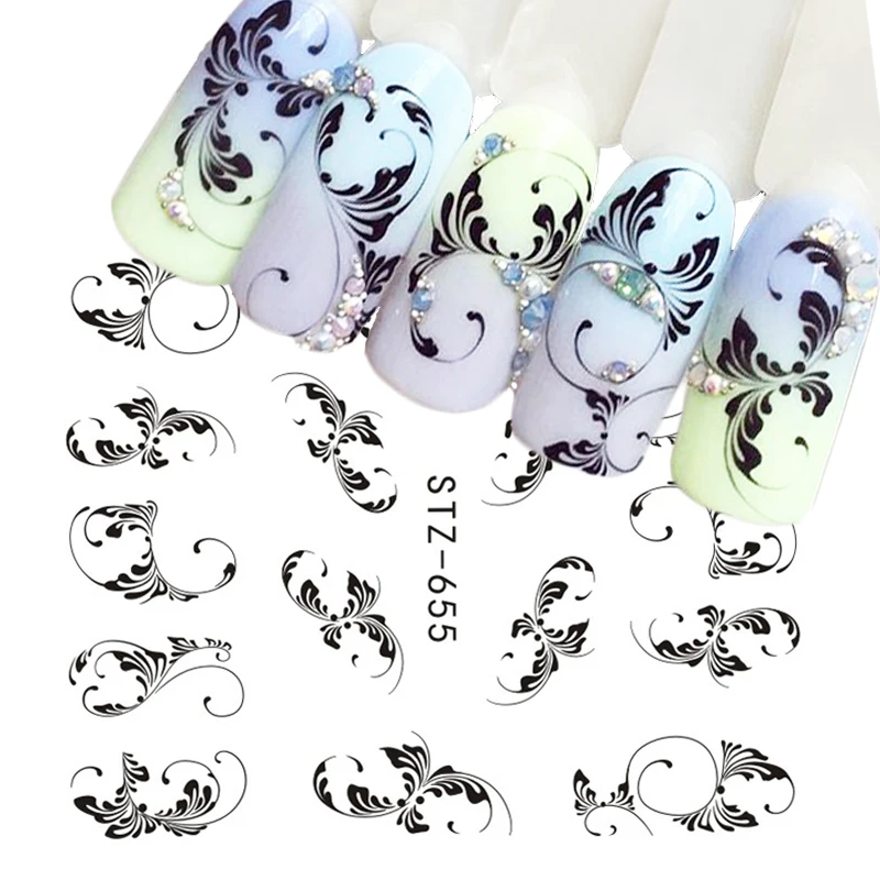 1 adet Siyah çiçek askılığı Tırnak Su Sticker Çıkartmaları Yaprak Dantel Tasarım Kaymak Nail Art dekorasyon çıkartması DIY Kış Wrap CHSTZ645-658