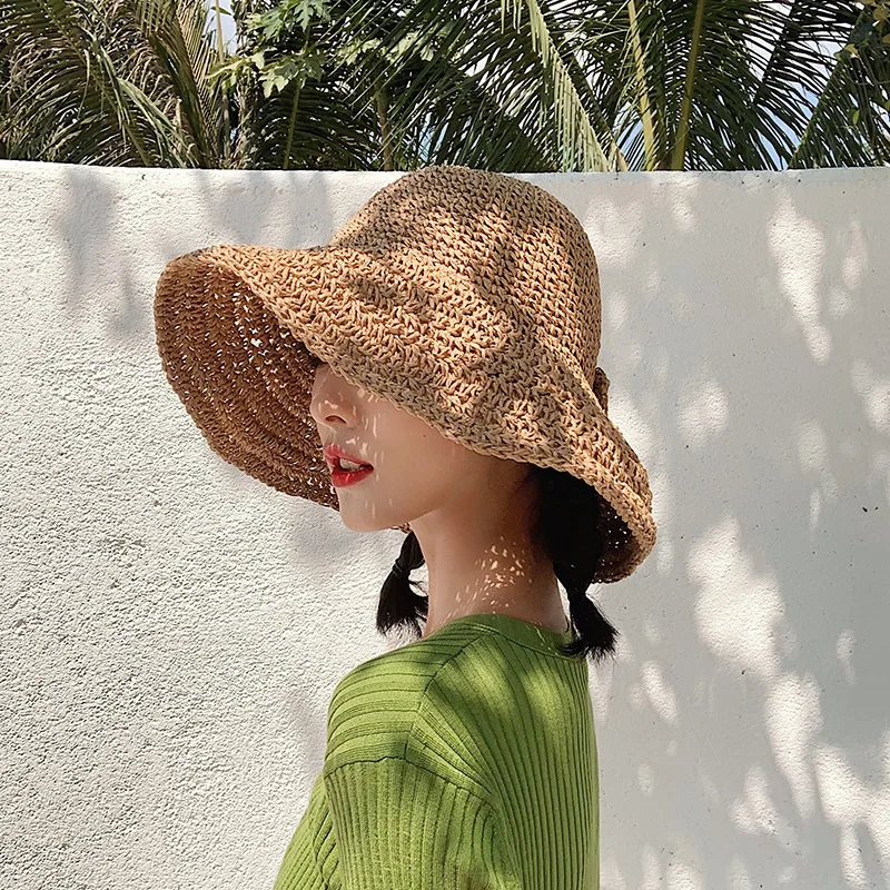 Hasır şapka kadın düz renk yaz katlanabilir balıkçı şapka güneş şapkası güneş koruyucu plaj güneş şapkası