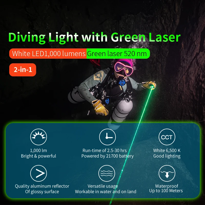 J2 1000lm Spot yeşil ışın dalış aydınlatma fenerleri dalış yeşil ışın torch Sualtı 100 m dalış koçluk komut lambası