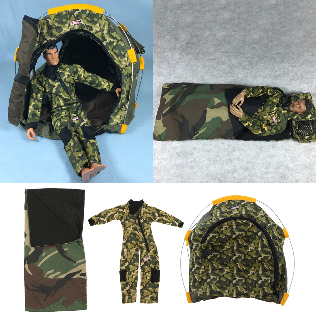 12 İnç Bebek Açık Kamp Kitleri Kamuflaj Çadır + Uyku Tulumu + Askeri Ordu Takım İtfaiyeci Üniforma Elbise İçin 1/6 Askerler Bebekler