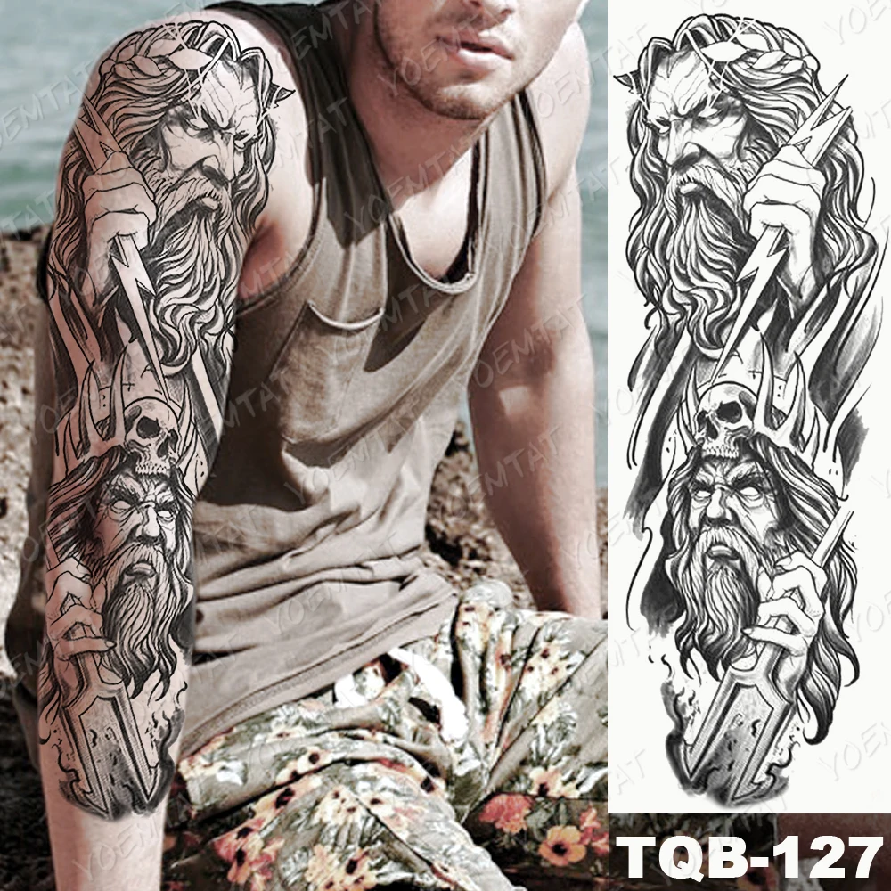 Büyük Kol Kol Dövme Zeus Tanrılar Yıldırım Cehennem Su Geçirmez Geçici Dövme Etiket Poseidon Ayı Vücut Sanatı Tam Sahte Dövme Erkekler