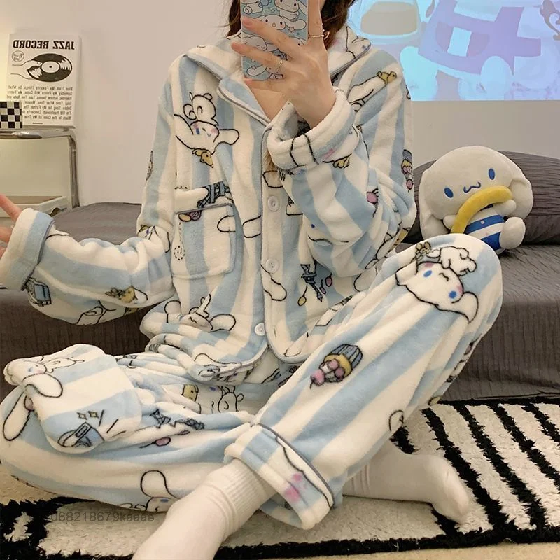 Sanrio Cinnamoroll Pazen Pijama Karikatür Kuromi Melodi Ev Giysileri 2 Parça Set Kadın Yumuşak Peluş Pijama Hırka Üstleri Pantolon