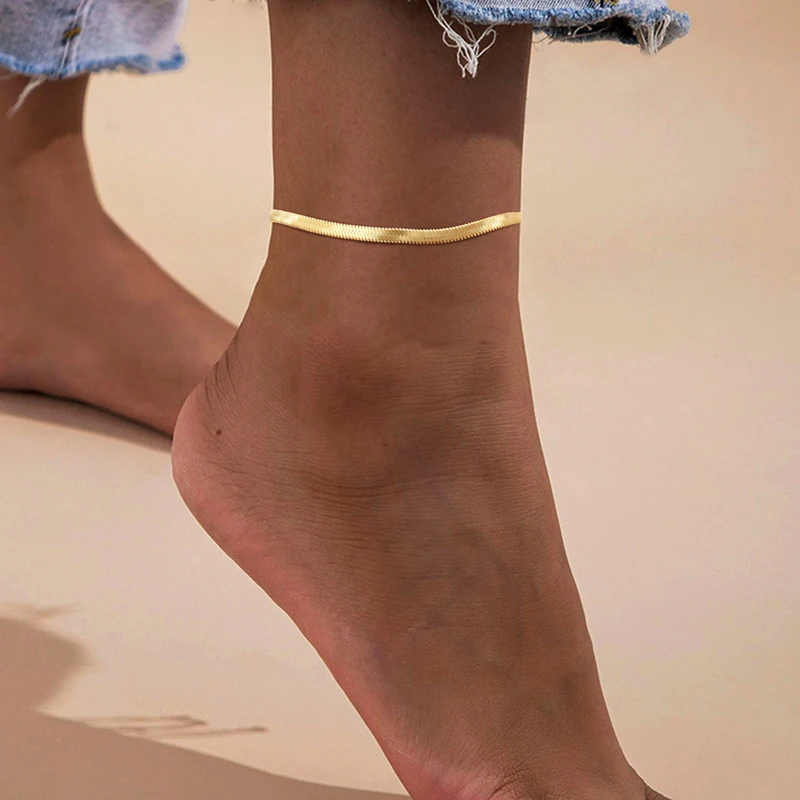Bıçak Yılan Zincir Halhal Kadınlar için Genişlik 3/4 / 5mm Altın Renk Ayak Bilezik Bacak Paslanmaz Çelik Zincir Plaj Aksesuarları Takı